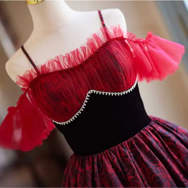 Vintage / Retro Burgundy Rhinestone Printing Homecoming Graduation Dresses 2024 Spaghetti Straps Short Sleeve Backless Short Formal Dresses