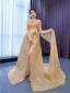 Sexy High-end Champagne Split Front Evening Dresses 2022 A-Line / Princess One-Shoulder Pearl Sequins Long Sleeve Backless Court Train Evening Party Formal Dresses