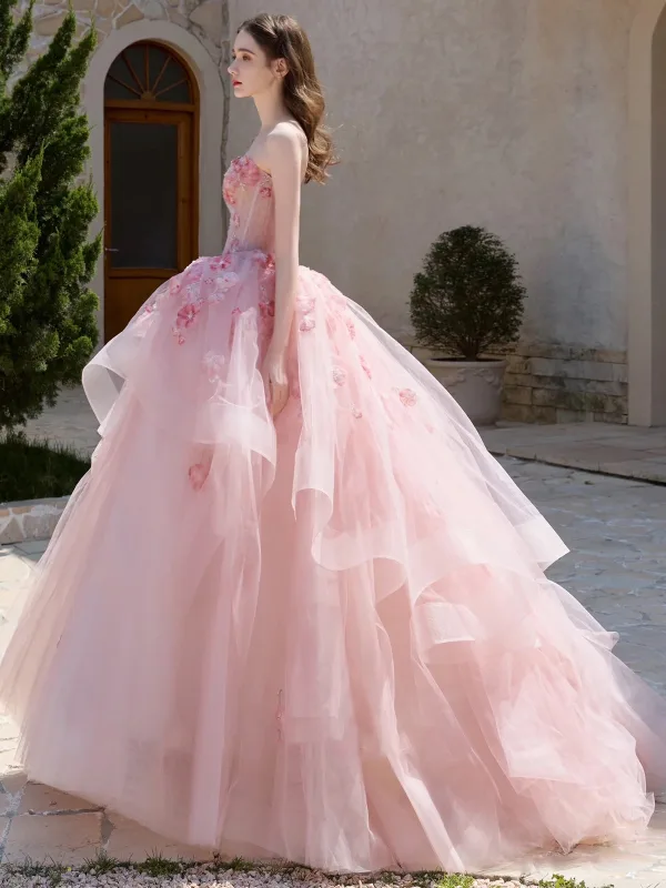 Flower Fairy Blushing Pink Appliques Prom Dresses 2025 Ball Gown Strapless Sleeveless Backless Floor-Length / Long Formal Dresses