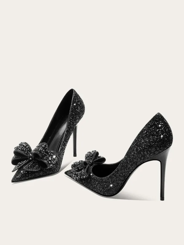 Bling Bling Noire Faux Diamant Paillettes Noeud Promo Escarpins 2024 10 cm Talons Aiguilles À Bout Pointu Escarpins Talons Hauts