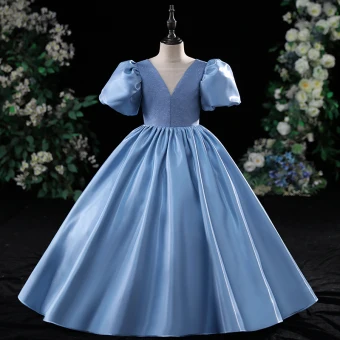 Chic Belle Bleu Paillettes Soirée Robe Ceremonie Fille 2022 Robe Boule Satin Encolure Carrée Gonflée Manches Courtes Dos Nu Longue Robe Ceremonie Fille