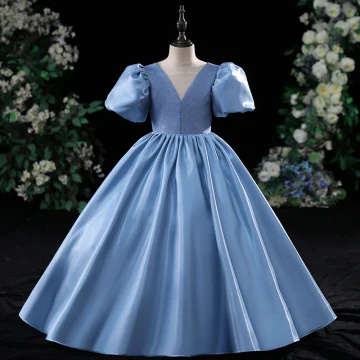 Modest Simple Ocean Blue Birthday Flower Girl Dresses 2024 Ball Gown V Neck Puffy Short Sleeve Backless Floor Length Long