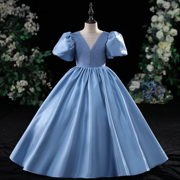 Modest / Simple Ocean Blue Birthday Flower Girl Dresses 2024 Ball Gown V-Neck Puffy Short Sleeve Backless Floor-Length / Long