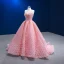 Luxury / Gorgeous Charming Candy Pink Handmade  Beading Pearl Prom Dresses 2023 Ball Gown Strapless Sleeveless Backless Sweep Train Prom Formal Dresses