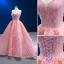 Luxury / Gorgeous Charming Candy Pink Handmade  Beading Pearl Prom Dresses 2023 Ball Gown Strapless Sleeveless Backless Sweep Train Prom Formal Dresses