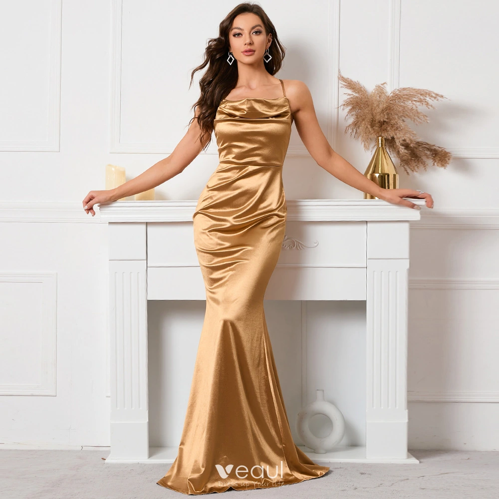 Sexy Gold Evening Dresses 2022 Trumpet / Mermaid Spaghetti Straps  Sleeveless Backless Sweep Train Evening Party Formal Dresses
