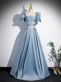 Hermoso Azul Cielo Satén Perla Vestidos de gala 2023 A-Line / Princess Escote Cuadrado Manga Corta Sin Espalda Largos Vestidos Formales
