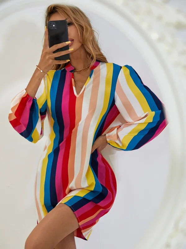 Loose Women Multi-Colors Rainbow Dresses 2021 Stripe V-Neck Smock Tops Long Sleeve Street Wear