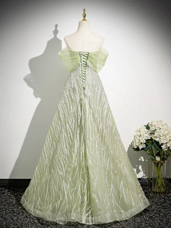 Fashion Sage Green Sequins Prom Dresses 2024 Ball Gown Off-The-Shoulder Sleeveless Backless Floor-Length / Long Prom Formal Dresses