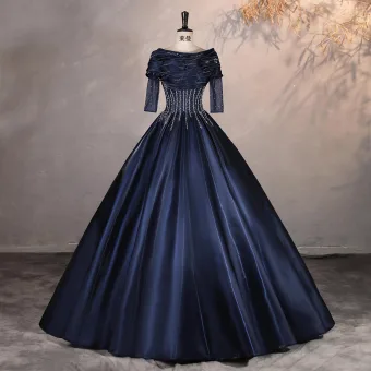 Vintage Originale Bleu Marine Perlage Paillettes Robe De Bal 2025 Robe Boule De L Épaule 1 2 Manches Dos Nu Longue Robe De Ceremonie