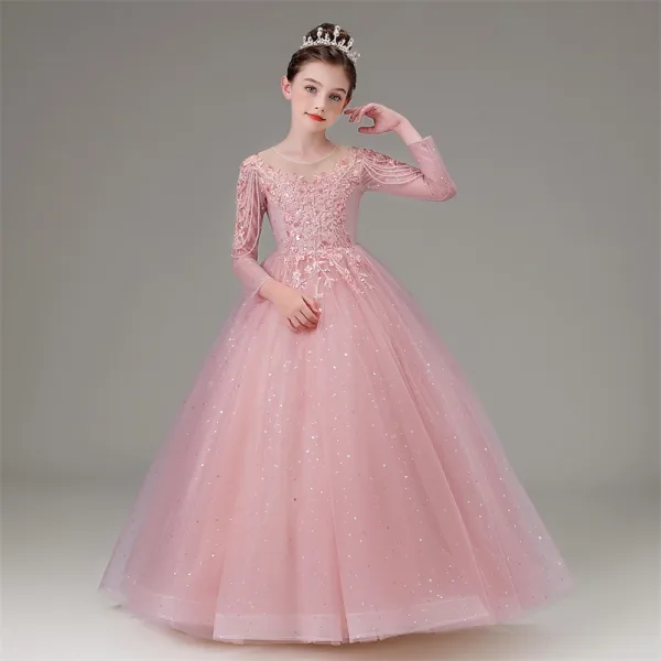Elegant Candy Pink Beading Sequins Rhinestone Lace Flower Birthday Flower Girl Dresses 2025 Ball Gown Scoop Neck 3/4 Sleeve Floor-Length / Long