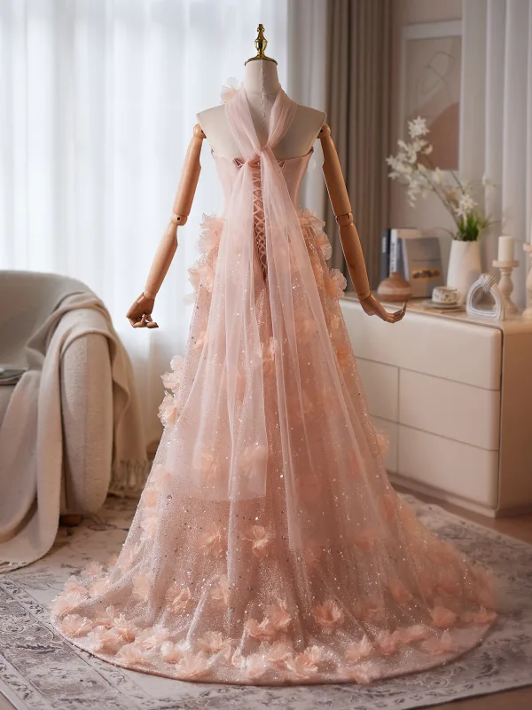 Charming Blushing Pink Appliques Glitter Pearl Rhinestone Prom Dresses 2026 A-Line / Princess Strapless Sleeveless Backless Floor-Length / Long Prom Formal Dresses