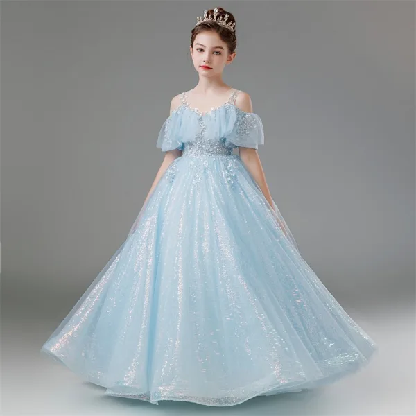 Chic / Beautiful Sky Blue Beading Sequins Birthday Flower Girl Dresses 2024 Ball Gown Scoop Neck Short Sleeve Floor-Length / Long Tulle