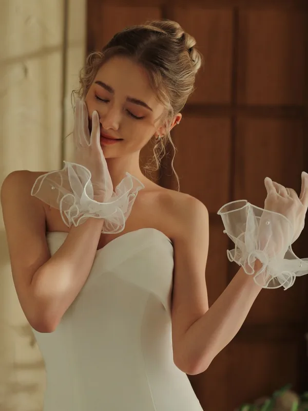 Fashion White Pearl Ruffle Wedding Bridal Gloves 2025 Tulle