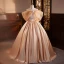 Modest  Champagne Pearl Lace Flower Satin Prom Dresses 2023 Ball Gown Off-The-Shoulder Short Sleeve Backless Sweep Train Prom Formal Dresses