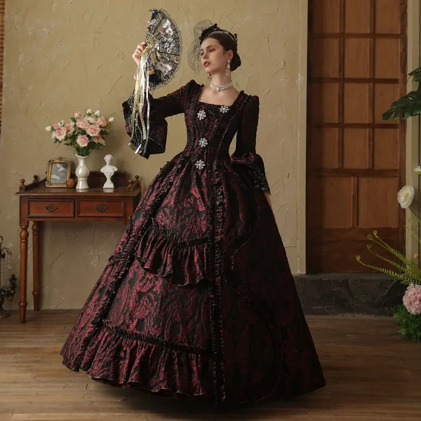 Vintage / Retro Medieval Gothic Burgundy Printing Rhinestone Prom Dresses 2024 Ball Gown Square Neckline Bell sleeves Floor-Length / Long Prom Formal Dresses