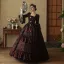 Vintage / Retro Medieval Gothic Burgundy Printing Rhinestone Prom Dresses 2024 Ball Gown Square Neckline Bell sleeves Floor-Length / Long Prom Formal Dresses