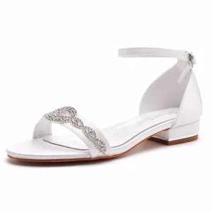 Sexy White Rhinestone Flat Wedding Shoes 2023 Ankle Strap Open Peep Toe Wedding Sandals