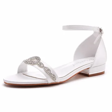 Seksowne Białe Rhinestone Płaskie Buty Ślubne 2023 Z Paskiem Peep Toe Ślub Sandały