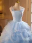Chic / Beautiful Sky Blue Cascading Ruffles Appliques Prom Dresses 2025 Ball Gown Spaghetti Straps Sleeveless Backless Floor-Length / Long Prom Formal Dresses