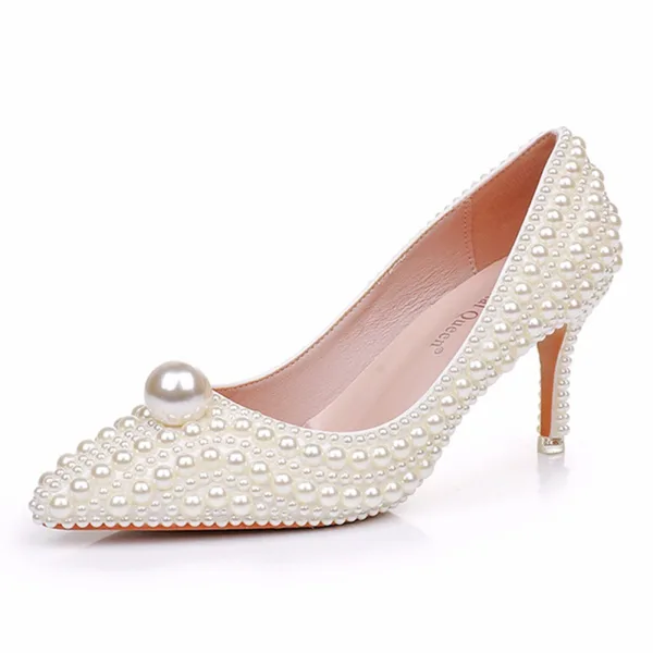Classic White Pearl 7 cm Stiletto Heels Wedding Shoes 2025 Pointed Toe Wedding Pumps High Heels