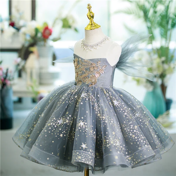 Bling Bling Grey Beading Sequins Lace Flower Short Flower Girl Dresses 2024 Ball Gown Birthday Strapless Sleeveless Tulle