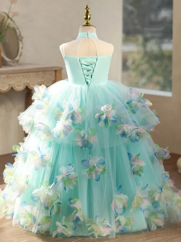 Flower Fairy Multi-Colors Appliques Bow Mint Green Birthday Flower Girl Dresses 2026 Ball Gown High Neck Sleeveless Backless Floor-Length / Long Tulle