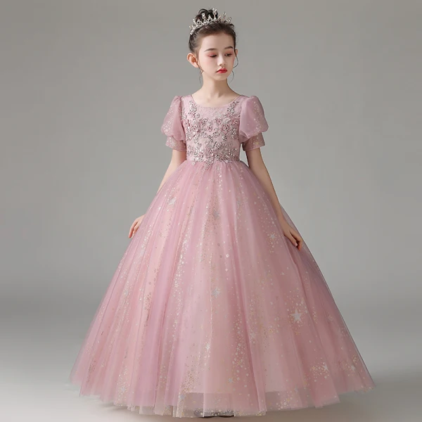 Chic / Beautiful Blushing Pink Beading Pearl Sequins Lace Flower Flower Girl Dresses 2022 A-Line / Princess Scoop Neck Appliques Short Sleeve Floor-Length / Long Prom Flower Girl Dresses