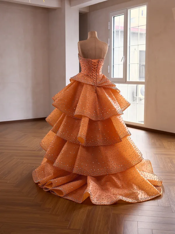 Mode Orange Fallende Rüsche Perle Pailletten Strass Ballkleider 2026 Ballkleid Bandeau Ärmellos Rückenfreies Sweep / Pinsel Zug Festliche Kleider