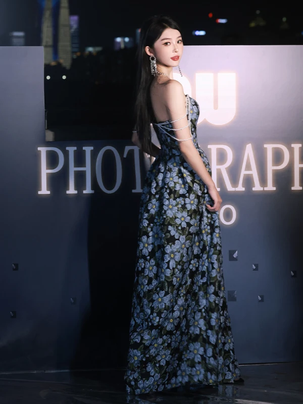 Sexy Black Printing Split Front Evening Dresses 2024 A-Line / Princess Strapless Sleeveless Backless Floor-Length / Long Evening Party Formal Dresses