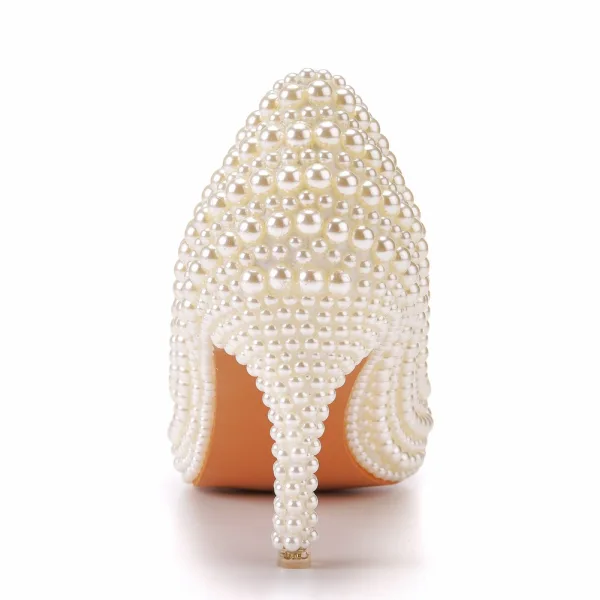 Elegant Beige Pearl Wedding Shoes 2023 7 cm Stiletto Heels Pointed Toe Wedding Pumps High Heels