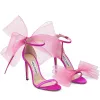 Sexy Fuchsia Prom Bow Womens Sandals 2022 Leather 9 cm Stiletto Heels Ankle Strap Open / Peep Toe Sandals High Heels