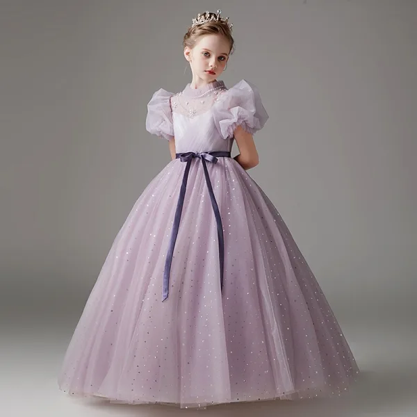 Chic / Beautiful Purple Rhinestone Sequins Bow Sash Birthday Flower Girl Dresses 2025 Ball Gown Scoop Neck Short Sleeve Floor-Length / Long Flower Girl Dresses
