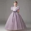 Chic / Beautiful Purple Rhinestone Sequins Bow Sash Birthday Flower Girl Dresses 2025 Ball Gown Scoop Neck Short Sleeve Floor-Length / Long Flower Girl Dresses