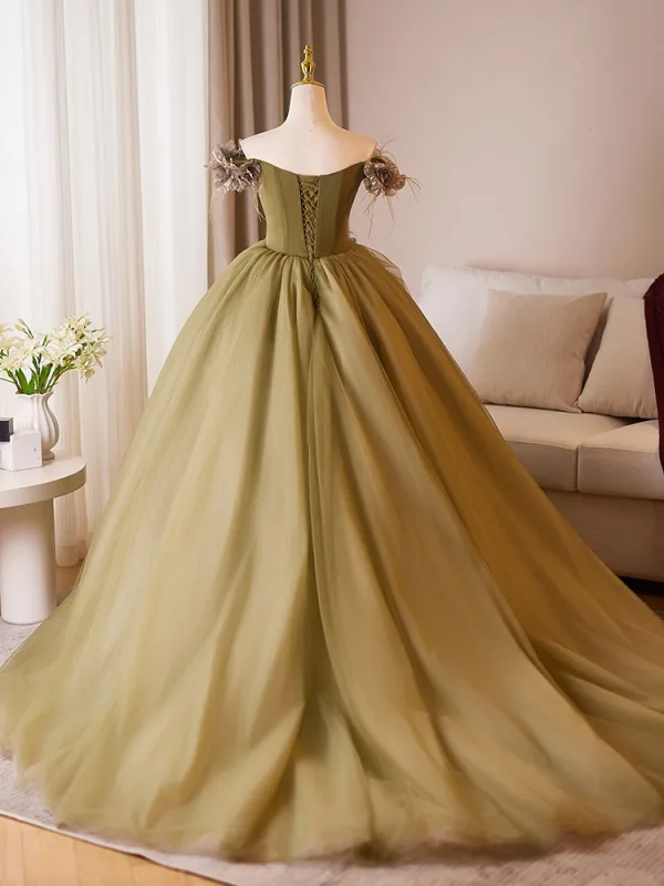 Elegant Clover Green Appliques Tassel Prom Dresses 2024 Ball Gown Off-The-Shoulder Sleeveless Backless Floor-Length / Long Prom Formal Dresses