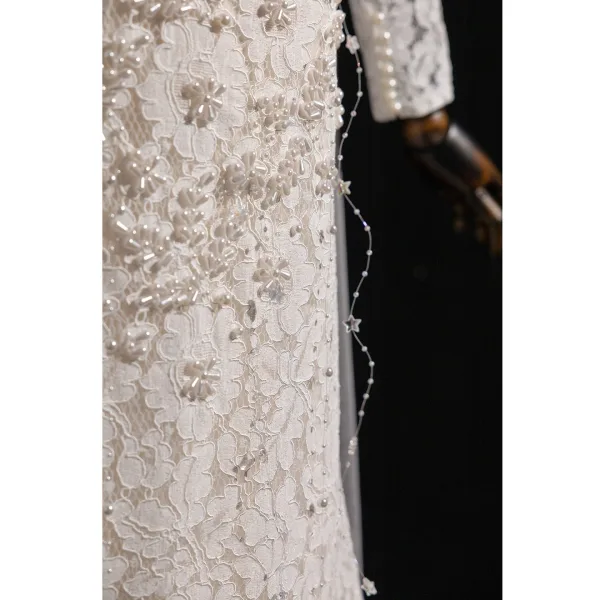 Vintage / Retro Ivory Pearl Lace Flower Corset Wedding Dresses 2026 Trumpet / Mermaid Off-The-Shoulder 3/4 Sleeve Backless Floor-Length / Long Wedding
