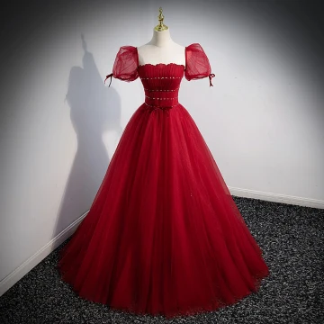 Chic Belle Bordeaux Robe De Bal 2022 Princesse Encolure Carrée Paillettes Gonflée Manches Courtes Dos Nu Noeud Longue Promo Robe De Ceremonie