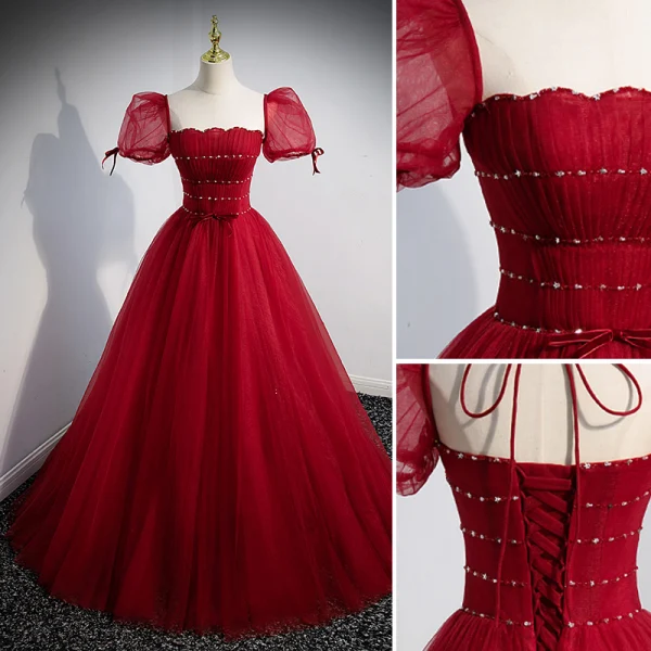 Chic / Belle Bordeaux Robe De Bal 2022 Princesse Encolure Carrée Paillettes Gonflée Manches Courtes Dos Nu Noeud Longue Promo Robe De Ceremonie