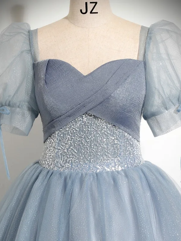 Elegante Himmelblau Pailletten Ballkleider 2024 Ballkleid Eckiger Ausschnitt Geschwollenes Kurze Ärmel Rückenfreies Lange Ball Festliche Kleider