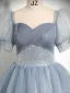 Elegante Himmelblau Pailletten Ballkleider 2024 Ballkleid Eckiger Ausschnitt Geschwollenes Kurze Ärmel Rückenfreies Lange Ball Festliche Kleider