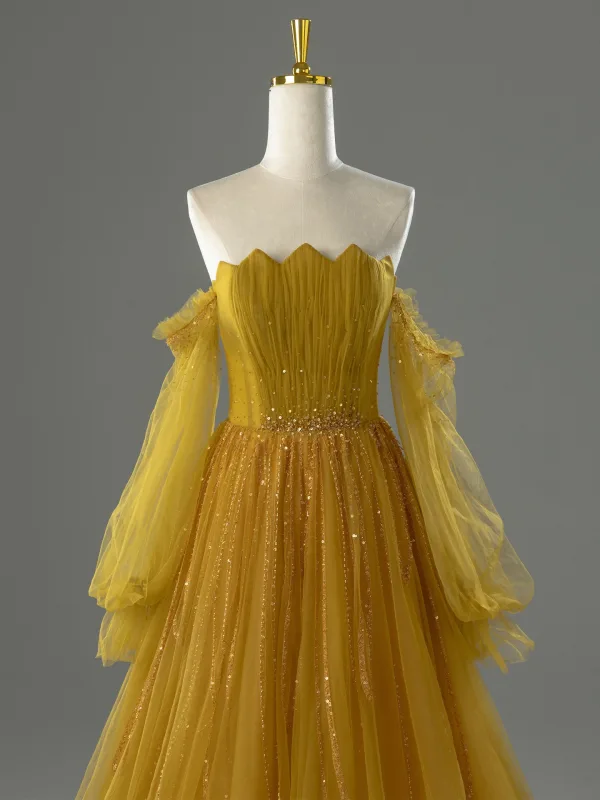 Vintage / Retro Yellow Beading Sequins Prom Dresses 2026 A-Line / Princess Off-The-Shoulder Long Sleeve Backless Floor-Length / Long Formal Dresses