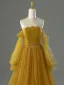Vintage / Retro Yellow Beading Sequins Prom Dresses 2026 A-Line / Princess Off-The-Shoulder Long Sleeve Backless Floor-Length / Long Formal Dresses