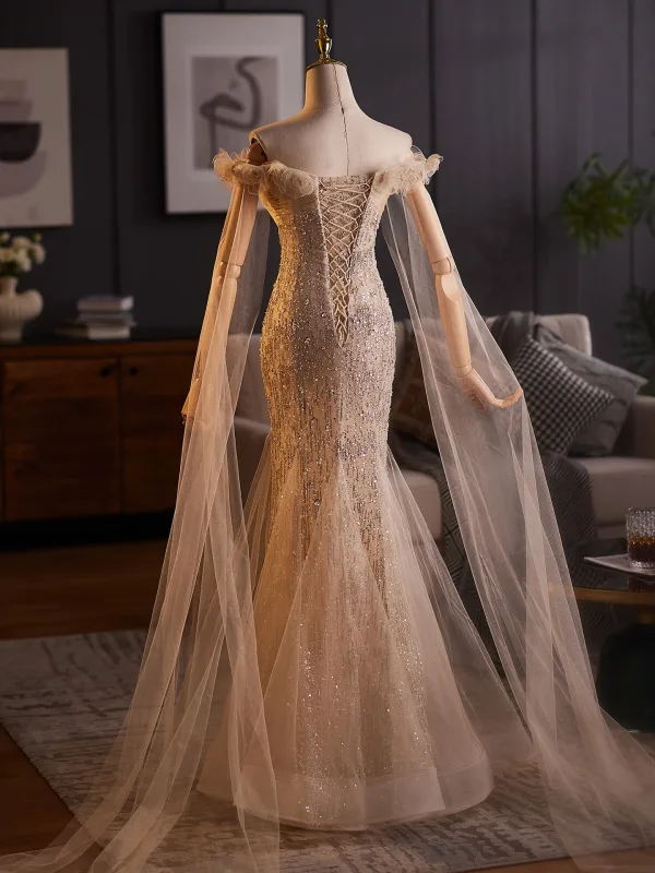 Bling Bling Charming Gold Beading Appliques Sequins Evening Dresses 2025 Trumpet / Mermaid Off-The-Shoulder Sleeveless Backless Floor-Length / Long Formal Dresses