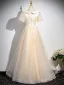 Chic / Beautiful Champagne Sequins Prom Dresses 2024 A-Line / Princess Scoop Neck Short Sleeve Floor-Length / Long Prom Formal Dresses