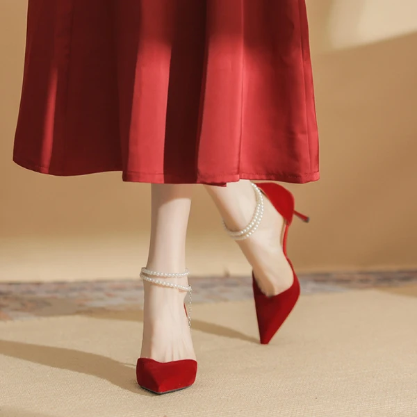 Fashion Red Prom Womens Sandals 2023 Pearl Ankle Strap 8 cm Stiletto Heels Pointed Toe Sandals High Heels