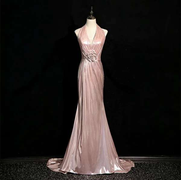 Sexy Rougissant Rose Faux Diamant Plumes Robe De Soirée 2024 Trompette / Sirène Titulaire Sans Manches Dos Nu Train De Balayage Soirée Robe De Ceremonie