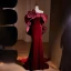 Elegant Burgundy Flower Velvet Prom Dresses 2024 Trumpet / Mermaid Off-The-Shoulder Short Sleeve Backless Bow Sweep Train Prom Formal Dresses