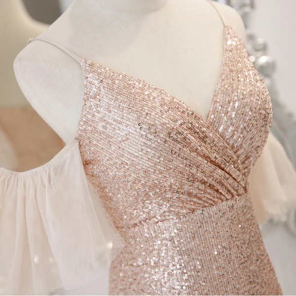 Scintillantes Sexy Doré Paillettes Robe De Soirée 2023 Trompette / Sirène Bretelles Spaghetti Manches Courtes Dos Nu Longue Soirée Robe De Ceremonie