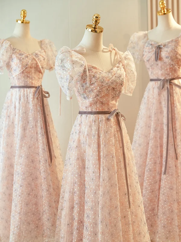 Chic / Belle Rougissant Rose Robe Demoiselle D'honneur 2023 Princesse Encolure Carrée Manches Courtes Dos Nu Noeud Ceinture Longue Robe Demoiselle D'honneur