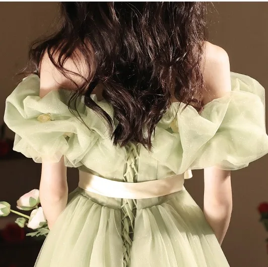 Chic / Beautiful Sage Green Bow Sash Prom Dresses 2024 A-Line / Princess Ruffle Off-The-Shoulder Short Sleeve Backless Floor-Length / Long Prom Formal Dresses